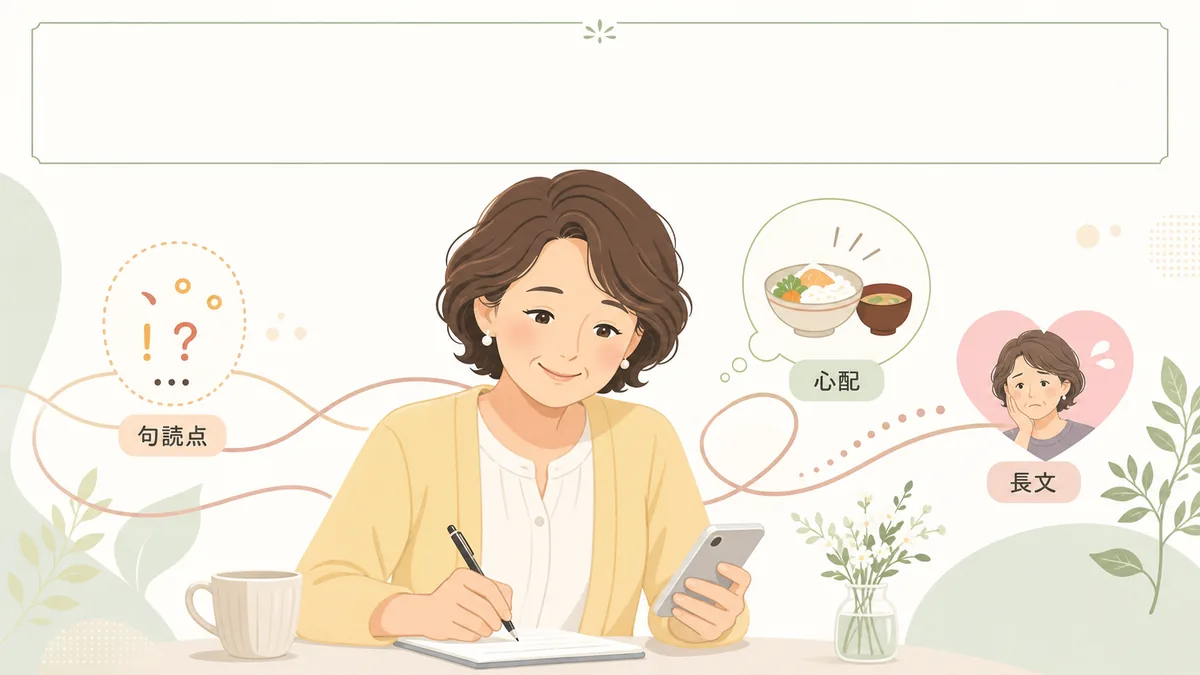 おばさん構文の長文、心配、句読点の特徴を示す編集イラスト