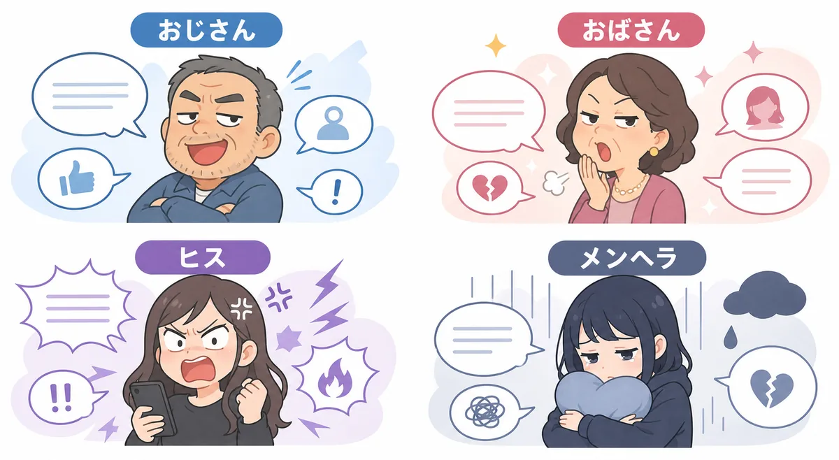 おじさん構文、おばさん構文、ヒス構文、メンヘラ構文の違いを示す比較イラスト
