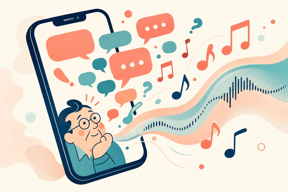 おじさん構文のメッセージが音楽へ変わる様子を描いた編集イラスト