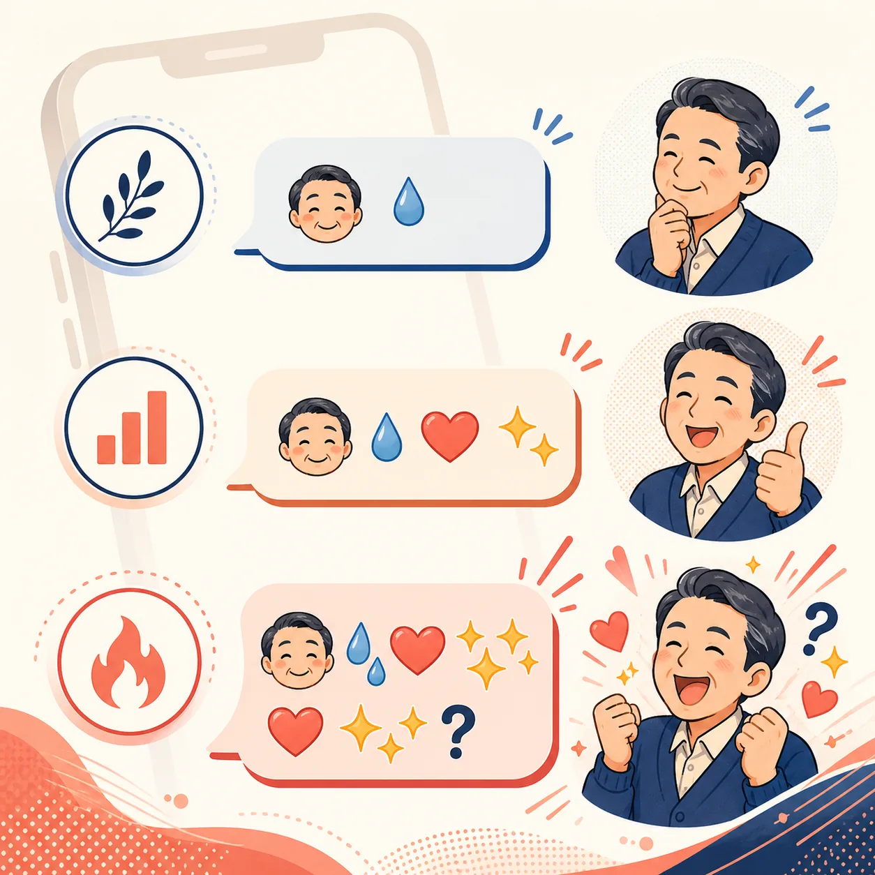 おじさん絵文字を控えめ・標準・濃いめの3段階で組み合わせた編集イラスト