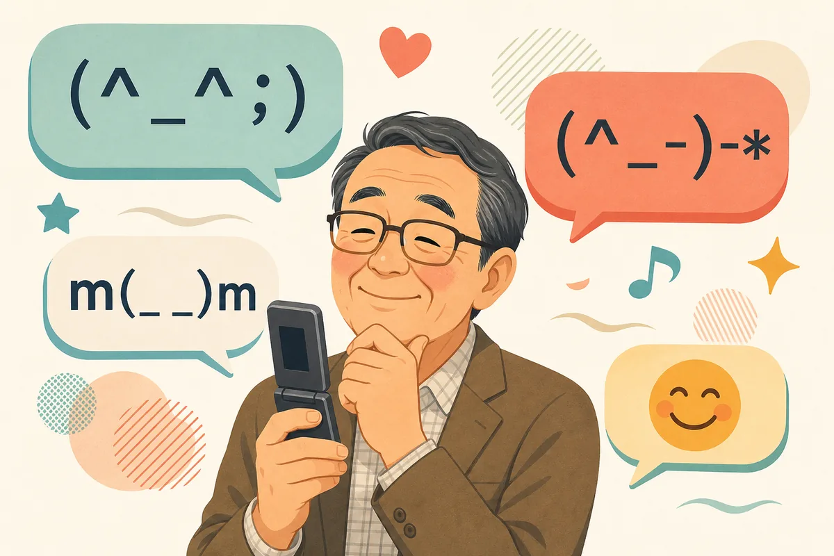おじさん構文で使われる顔文字とレトロなメッセージ表現の編集イラスト