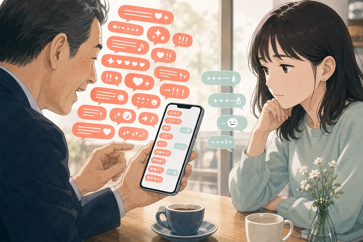おじさん構文のメッセージ量と受け手の距離感を表した編集イラスト