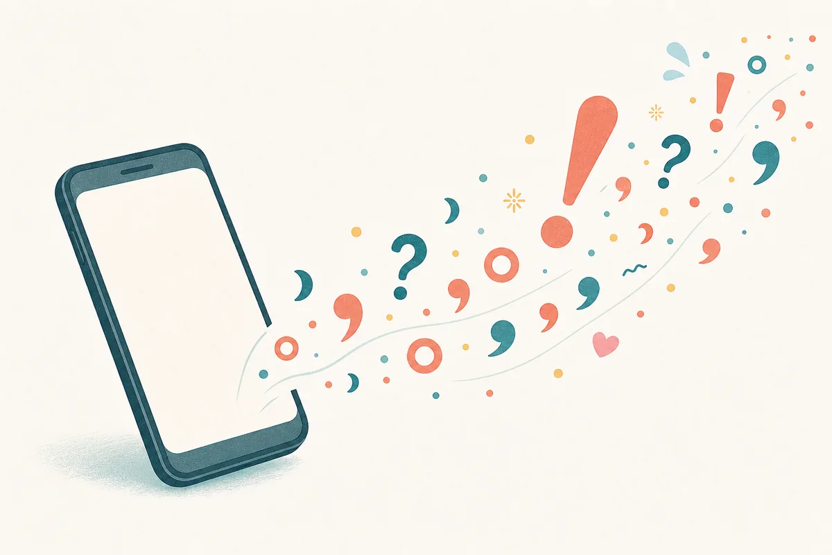 スマートフォンから読点や感嘆符、疑問符があふれる様子を表した編集イラスト