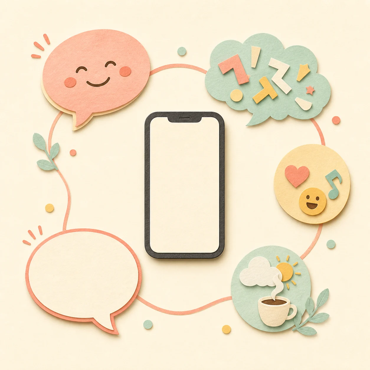 呼びかけ、語尾、絵文字、気づかい、返信の余白を組み合わせる流れを表した編集イラスト