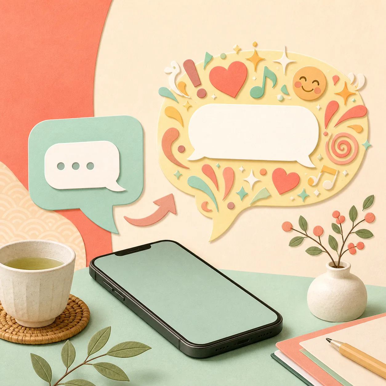 普通のメッセージが絵文字や記号でおじさん構文風に変わる様子を表した編集イラスト