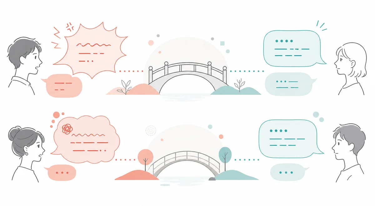 強い言い方を落ち着いた伝え方へ変える流れを示す編集イラスト