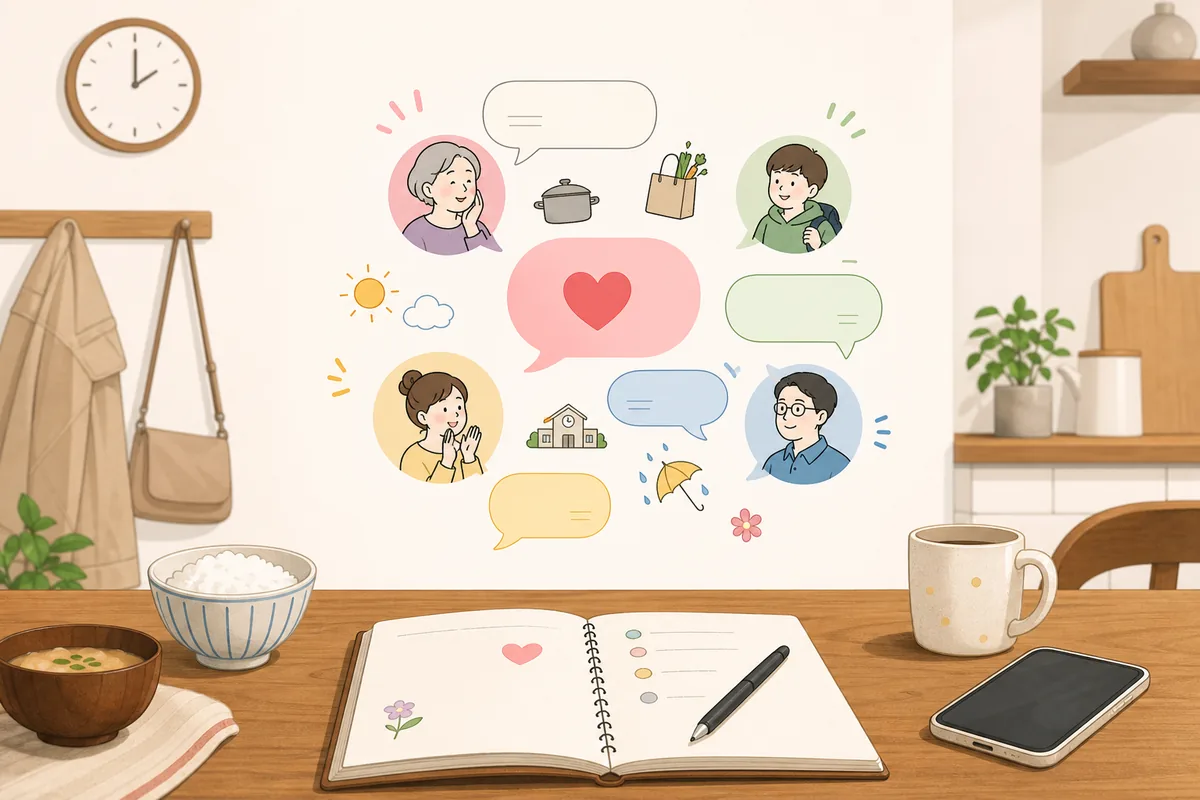お母さん構文の家族LINEらしい心配と生活感を示す編集イラスト
